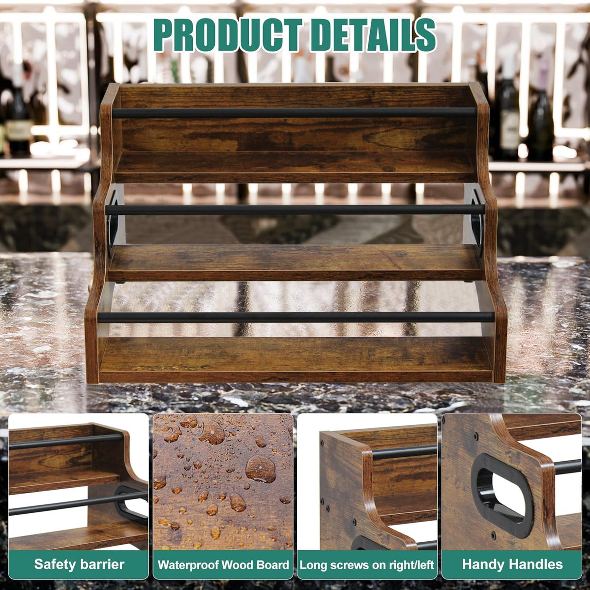 AT-VALY 3-Tier Spice Rack, Iron&MDF Kitchen Storage Shelf, Space-Saving Countertop Organizer for