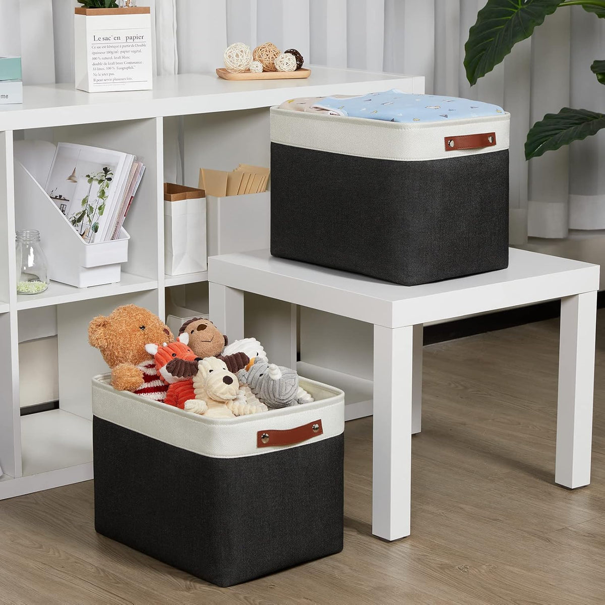DULLEMELO Storage Bins Large-16"x12"x12" With Leather Handles for Organizing,Decorative Collapsible