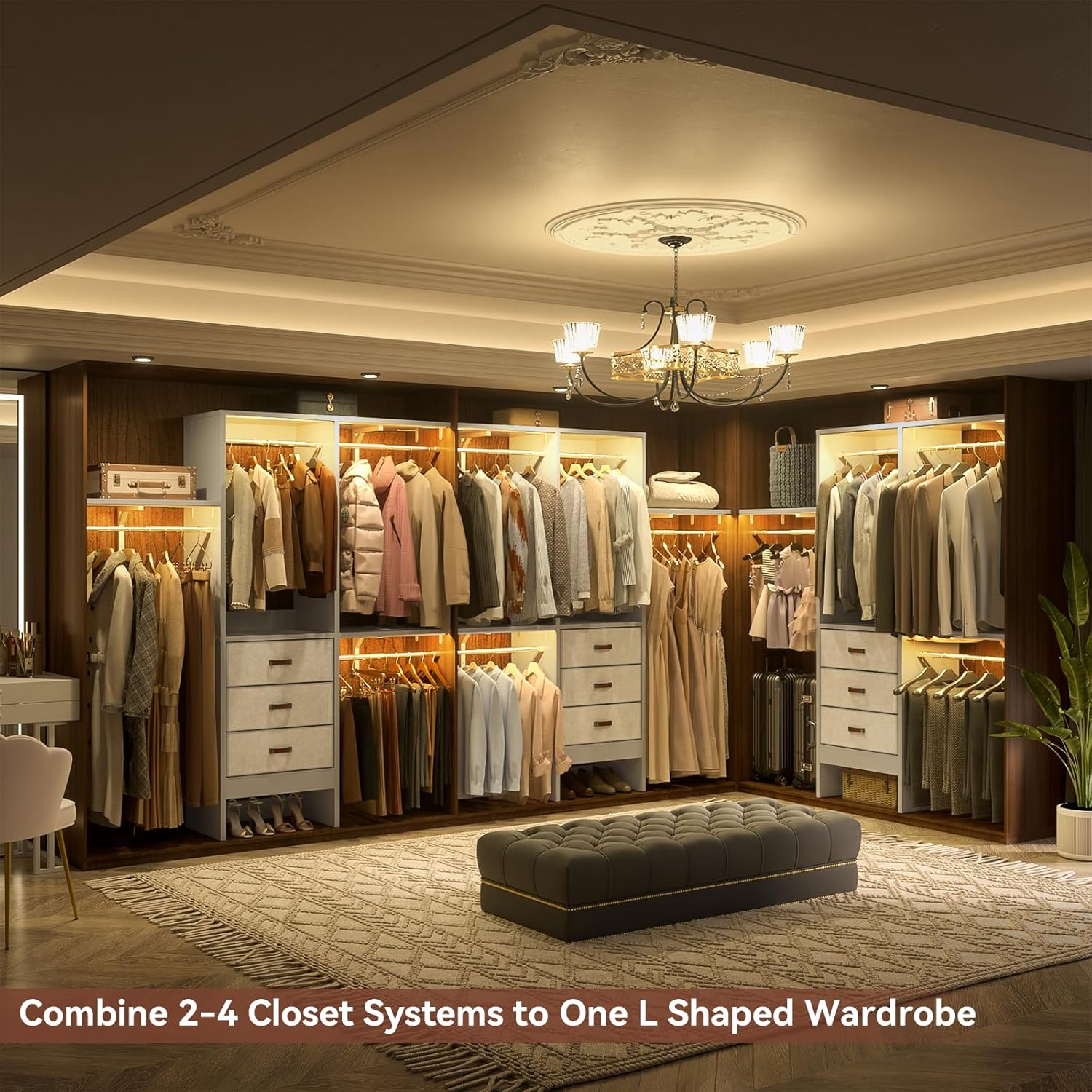 Armocity 5FT Small Closet System with 3 Fabric Drawers, 60 Inches Walk In Closet Organizer System