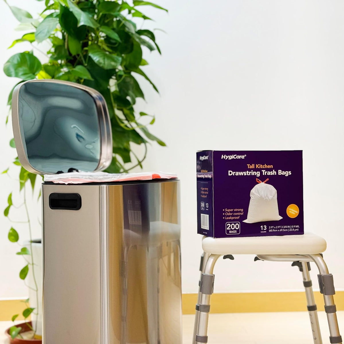 13 Gallon Tall Kichen Trash Bags, Lavender Scented 200 Count Drawstring Garbage Bags