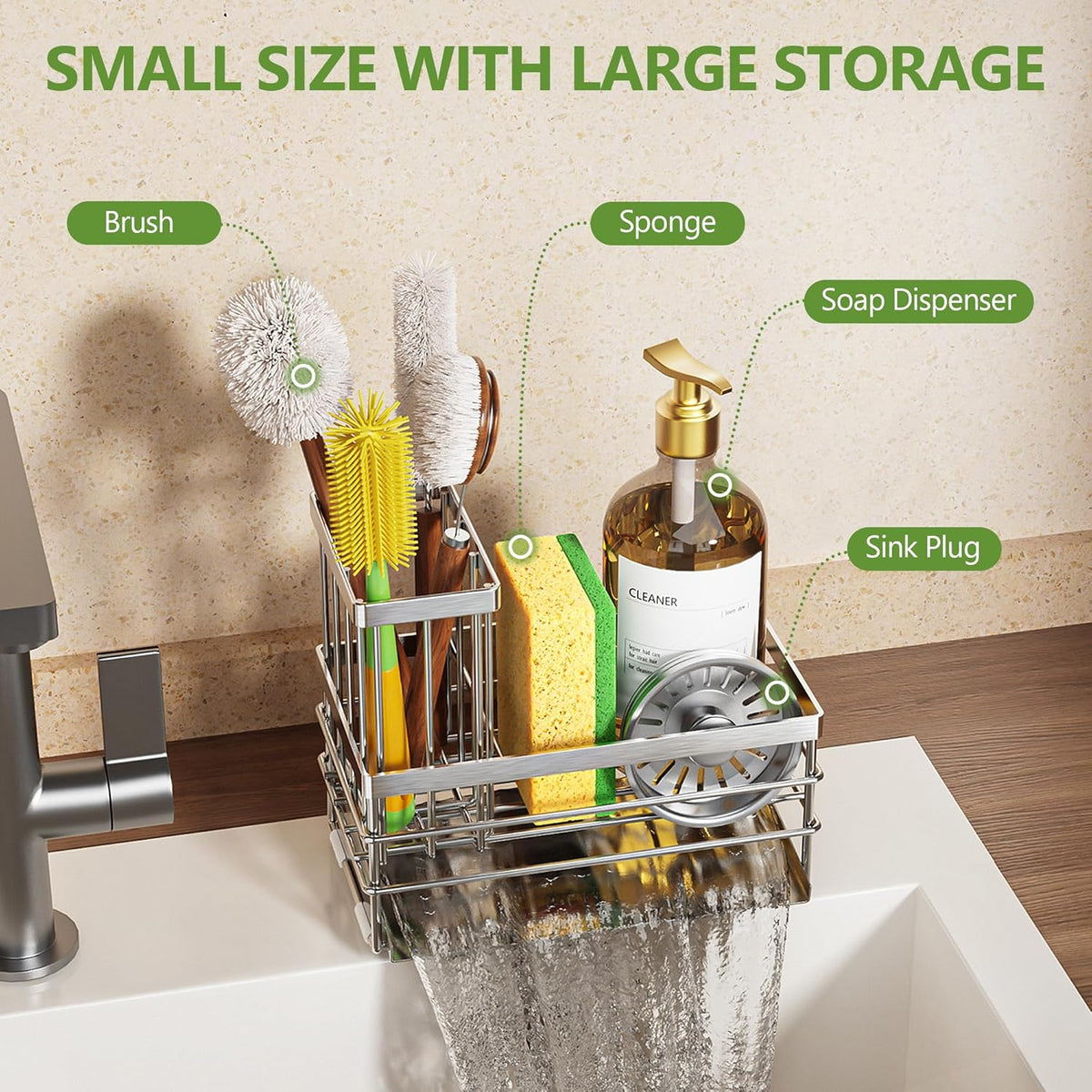 Cisily Sink Caddy Sponge Holder for Kitchen with Brush Holder and Stainless Steel Self Drain Tray