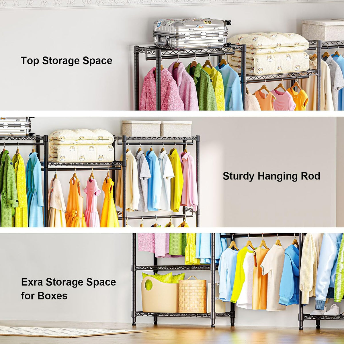 Heavy Duty Rolling Garment Rack 3 Tiers Adjustable Wire Shelving Clothes Rack with Rods Storage