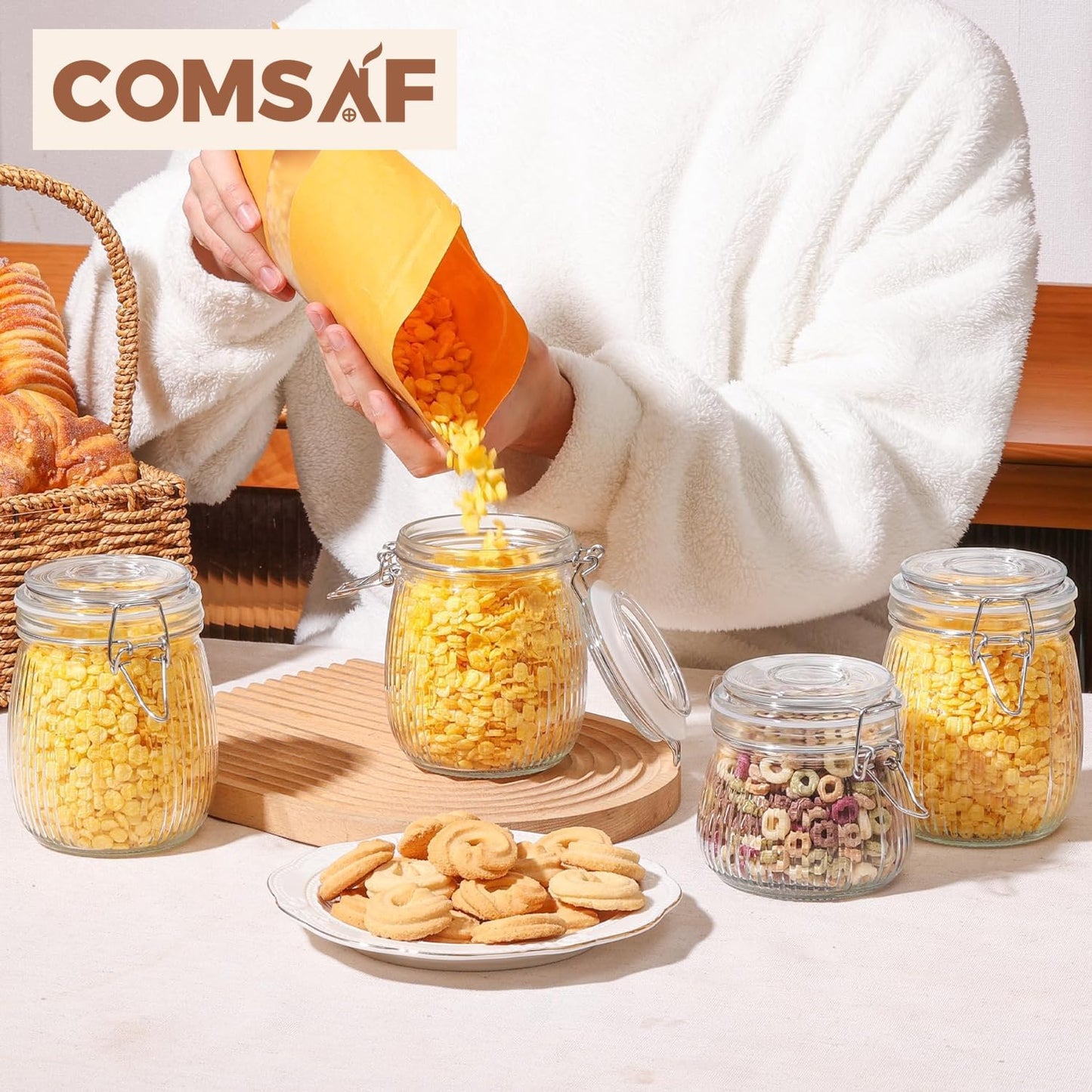 ComSaf Airtight Glass jar with lid 26oz Set of 6, Glass Storage Containers with Lids, Glass