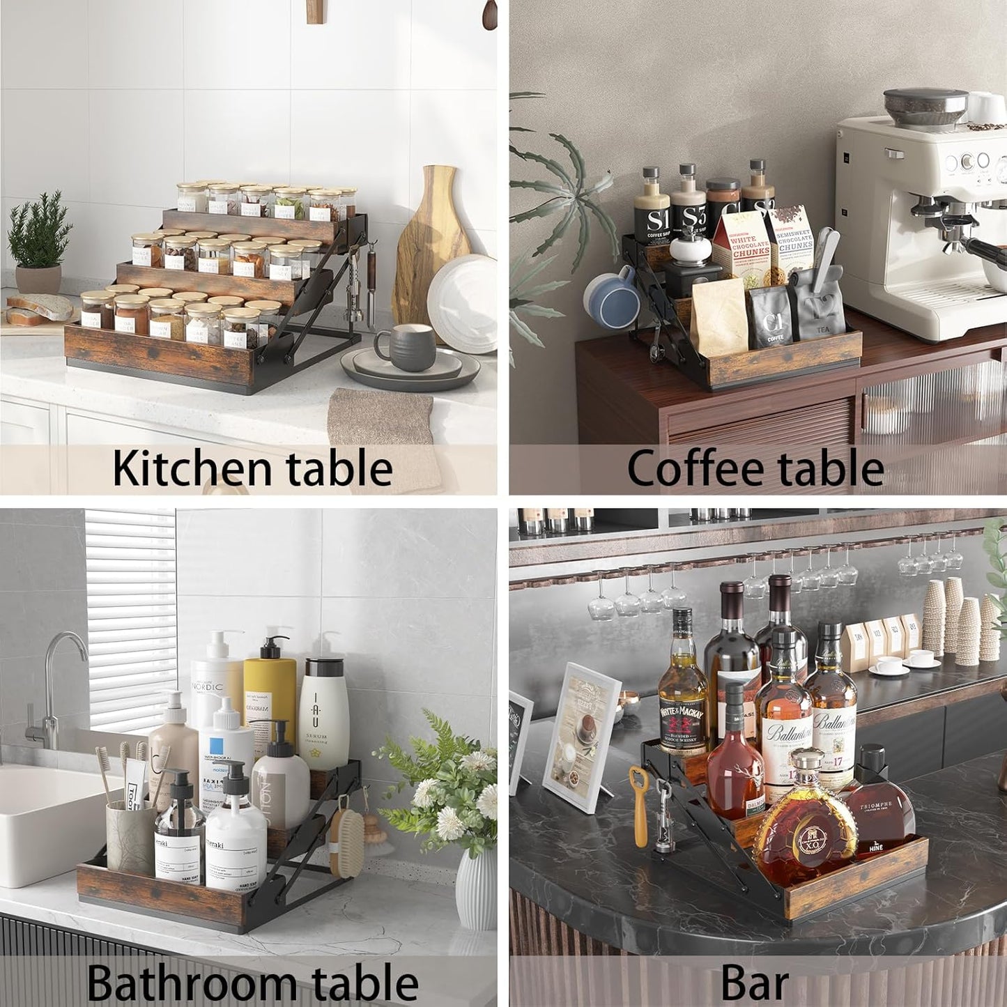 3 Tier Spice Rack Organizer for Cabinet, Foldable Spice Rack for Countertop, Cabinet Drawers Rustic
