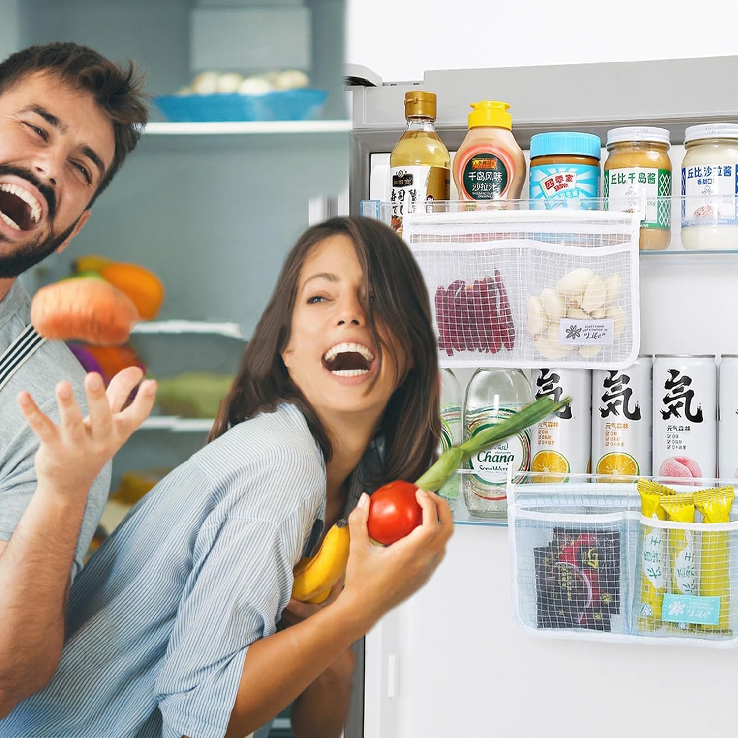 3PCS Refrigerator Door Organizer Set, Fridge Hanging Mesh Bag for Kitchen Storage Bag, Household