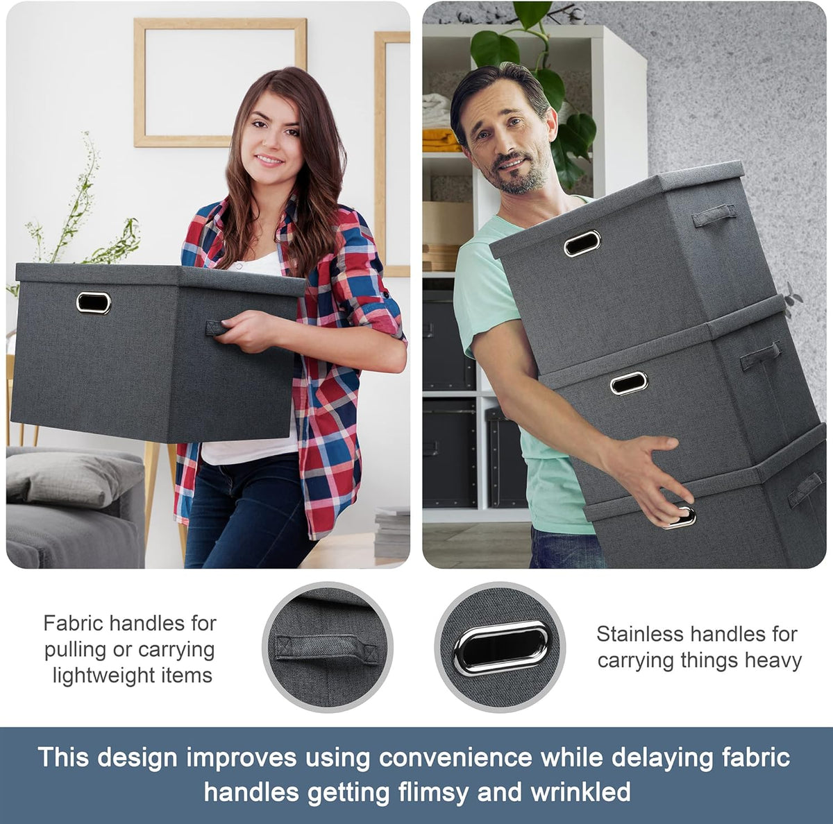 Large 17" 36 Quart Collapsible Stackable Storage Bins with Lids, 5 Packs Dark Gray Foldable Fabric