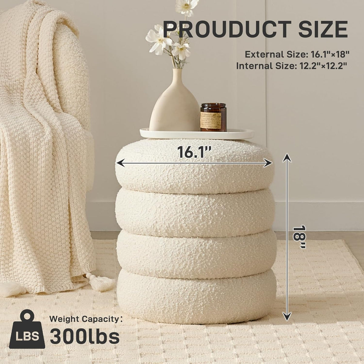 Round Ottoman with Storage Boucle Ottoman Stool with Storage Removable Lid for Living Room Modern