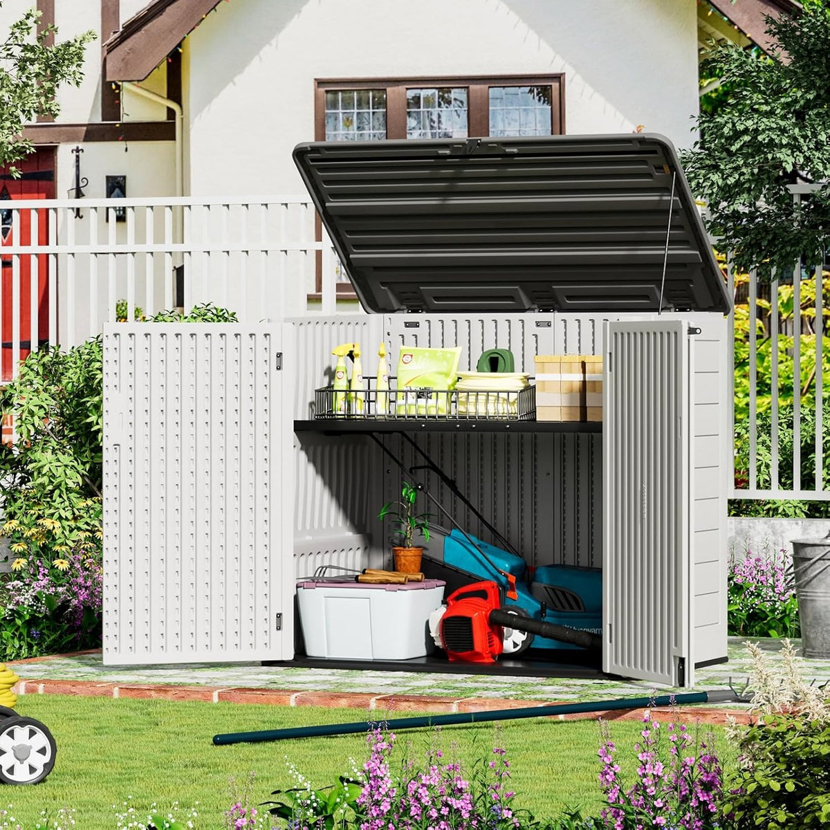 ZZM Large Outdoor Storage Shed, 48 Cu Ft Resin Versatile Storage Cabinet for Patio Accessories