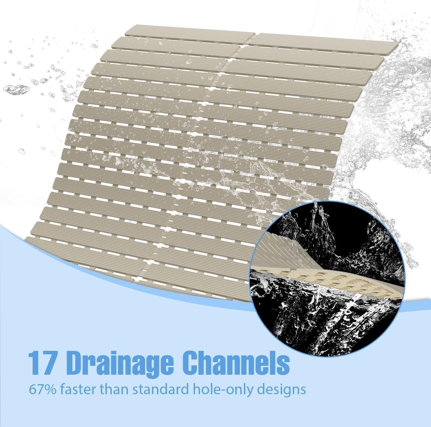Shower Mat Non-Slip Bath Mat for Tub Floor & Stall with 200+ Suction Cups & Drain Holes, Quick Dry