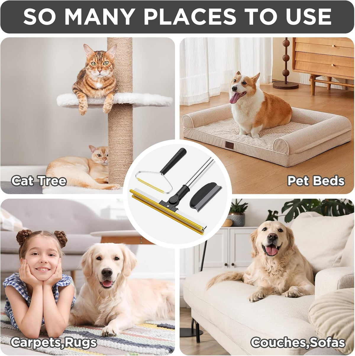 3 in 1 Carpet Rake for Pet Hair Removal, Tool Set of 3, 55” Long Handle Carpet Pet Hair Removal