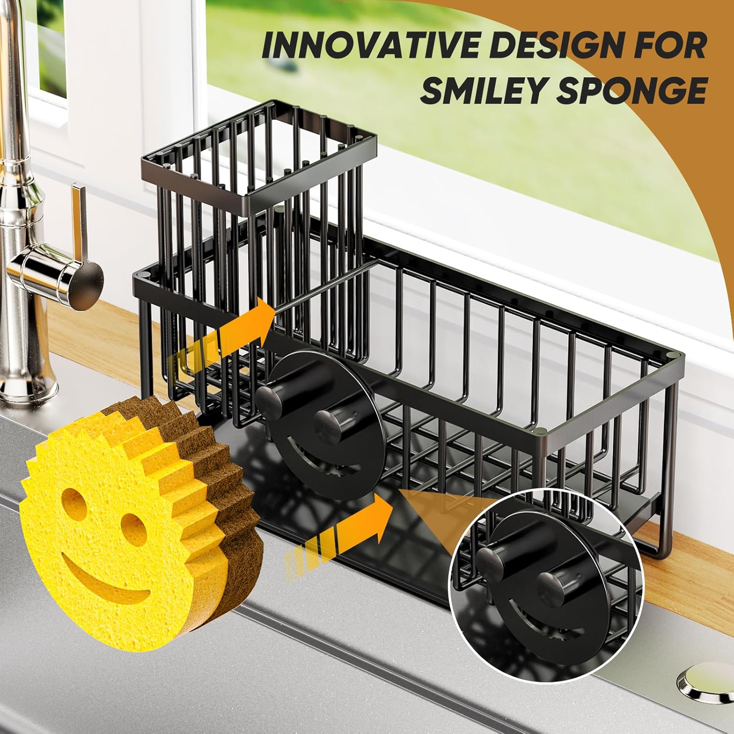 Sponge Holder for Kitchen Sink,Smiley Face Sink Caddy with Removable Brush Holder,Self-Draining