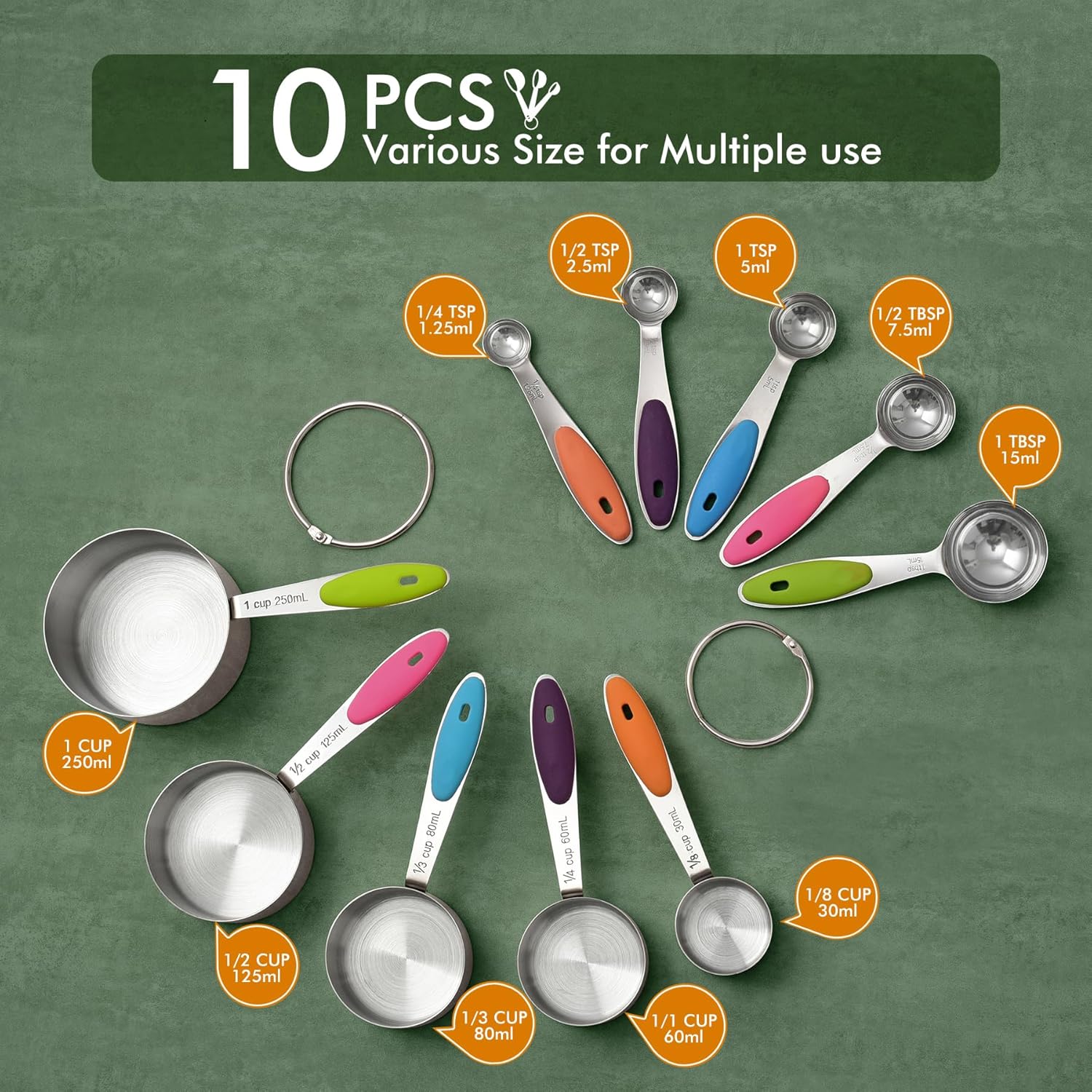 HOTEC 10-Pack Measuring Cups &Spoons Set, Kitchen Gadagets Cooking Baking, Measuring Spoons, Heavy
