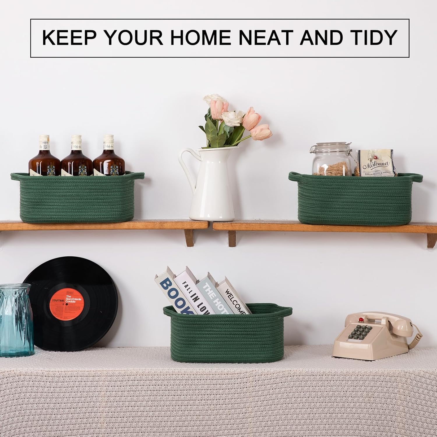OIAHOMY Cotton Rope Woven Baskets for Storage, Nursery Rectangle Storage Basket with Handles for