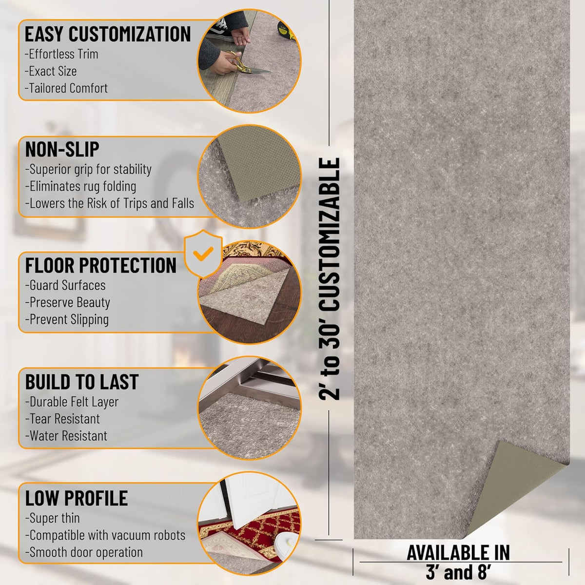 Ottomanson 5' x 8' Non-Slip Rug Pad Gripper 1/4 Inch Thick Dual Surface Felt + Rubber Gripper