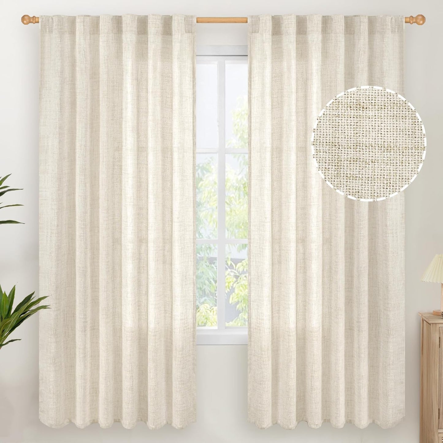 YoungsTex Linen Curtains for Living Room 2 Panels - Ivory Cream Light Filtering Drapes with Back