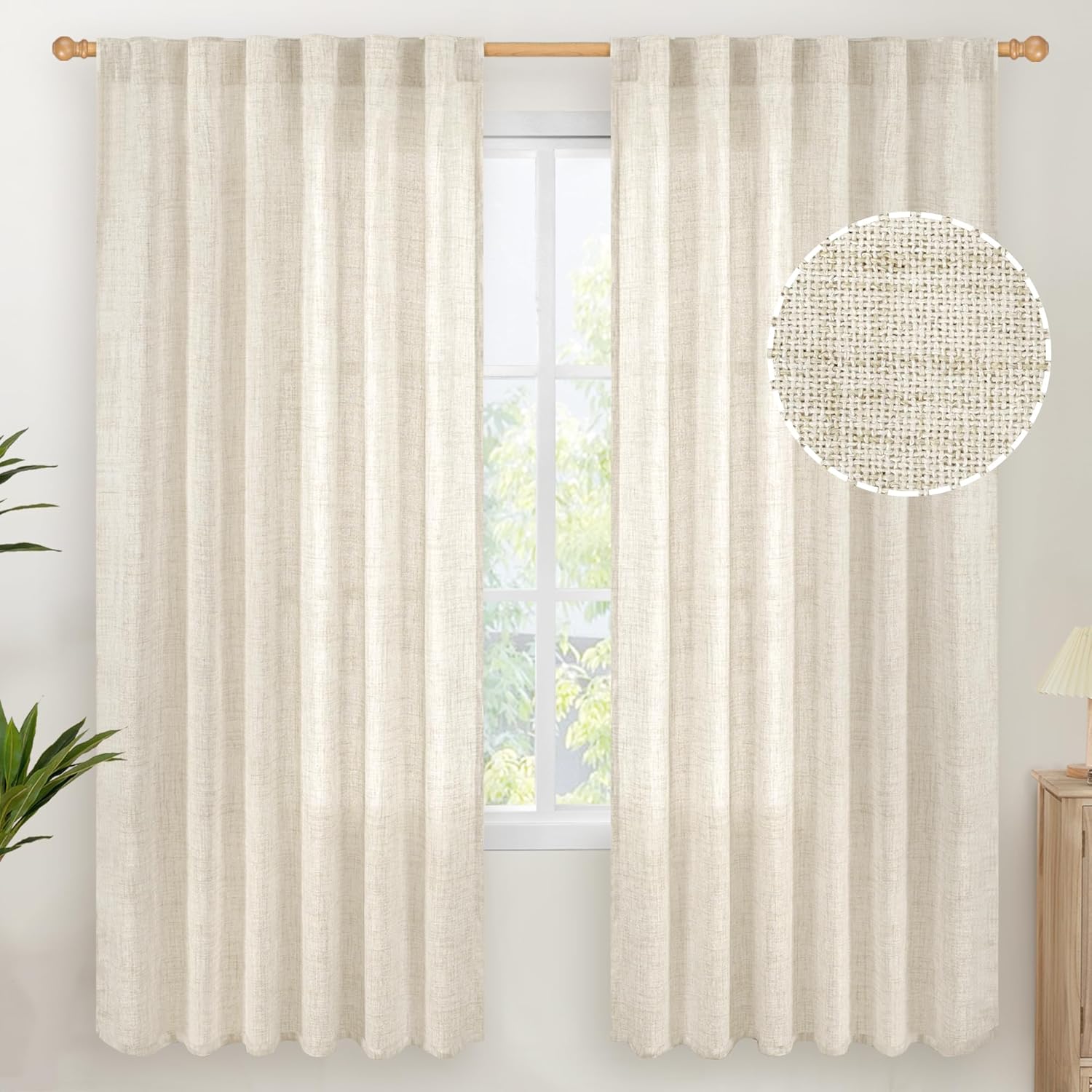 YoungsTex Linen Curtains for Living Room 2 Panels - Ivory Cream Light Filtering Drapes with Back