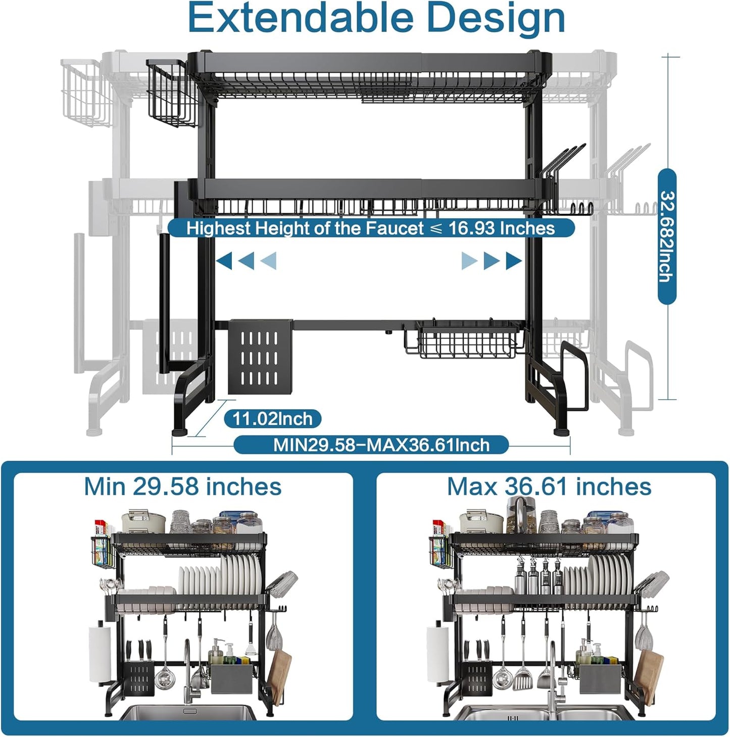 Over The Sink Dish Drying Rack,3 Tier Adjustable Length Full Stainless Steel Large Storage Kitchen