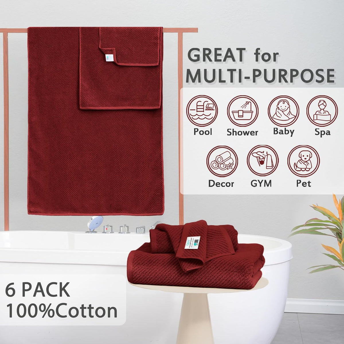 VOOVA & MOVAS Burgundy Towel Set - 100% Cotton | Lightweight | Soft | Quick Dry, 6 Piece Towel