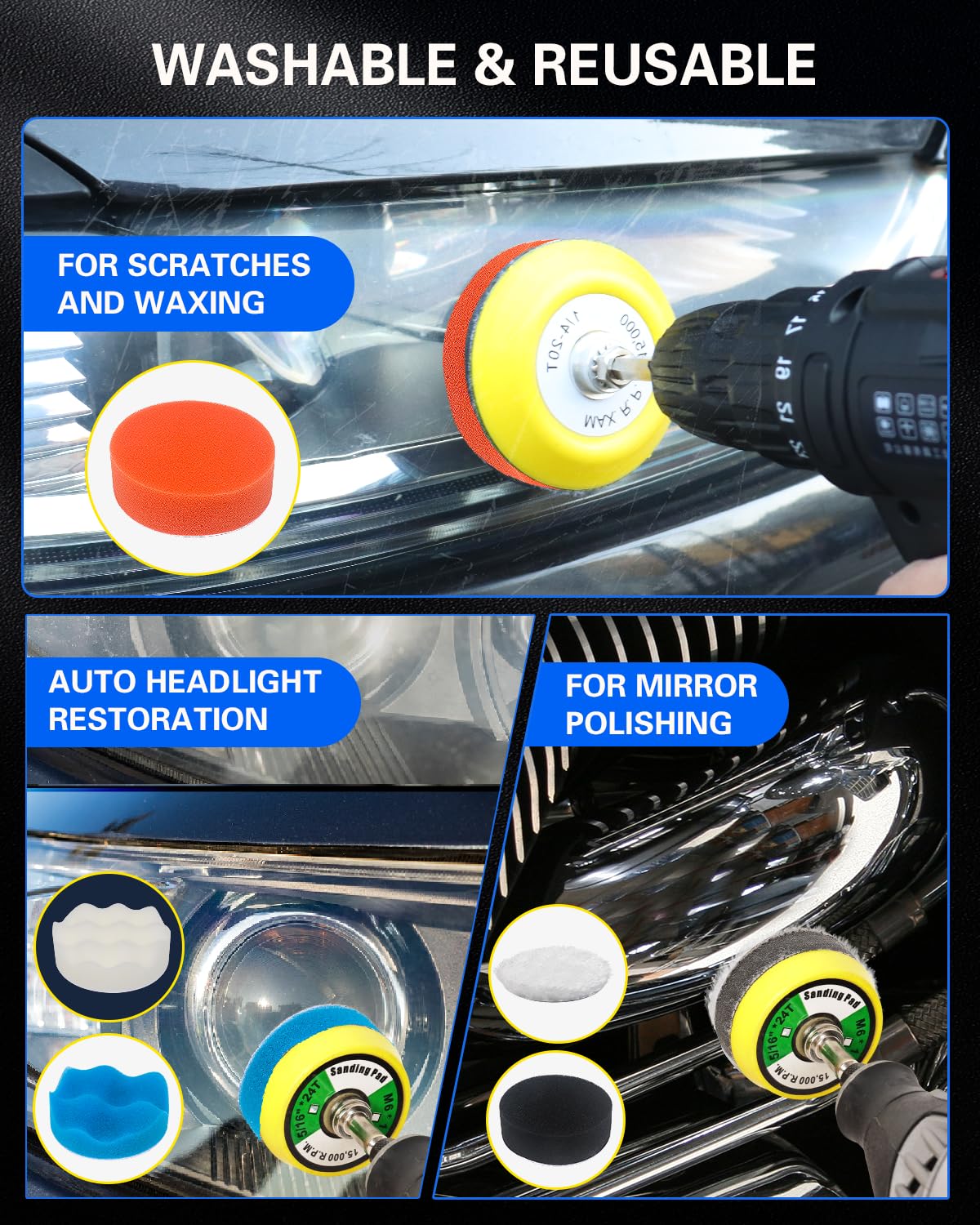 2 Inch Sanding Discs Drill Polishing Kit, 193PCS Car Headlight Restoration Kit, Hook & Loop Wet Dry