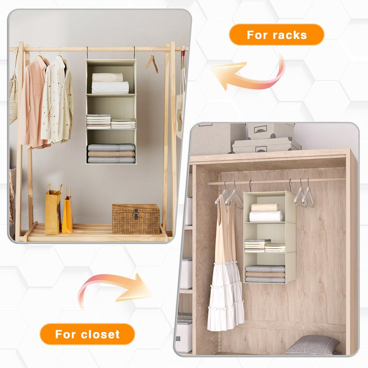 Hanging Closet Organizer and Storage 3-Shelf, Easy Mount Foldable Hanging Closet Wardrobe Storage