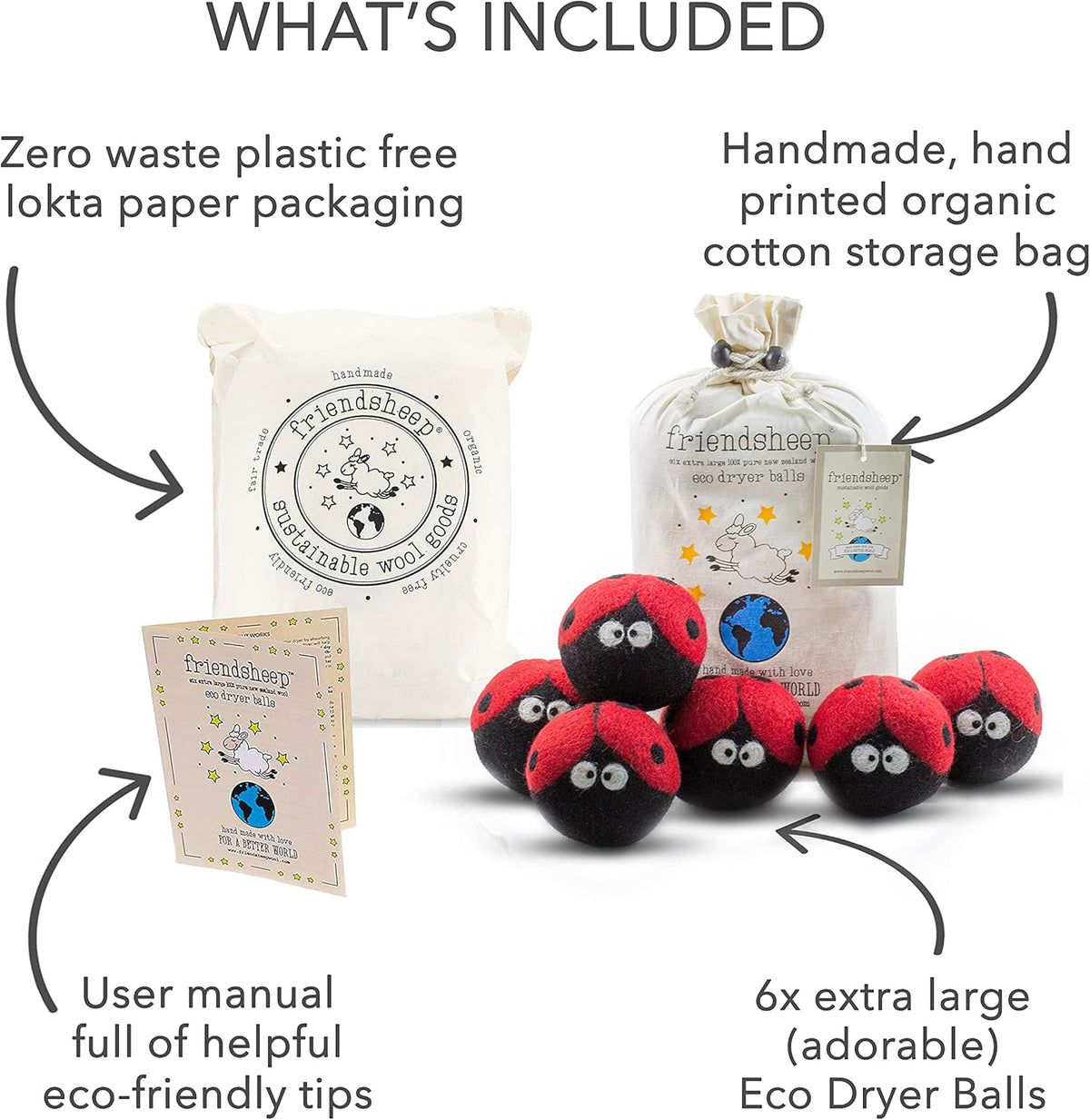 Friendsheep Wool Dryer Balls 6 Pack XL Organic Premium Reusable Cruelty Free Handmade Fair Trade No