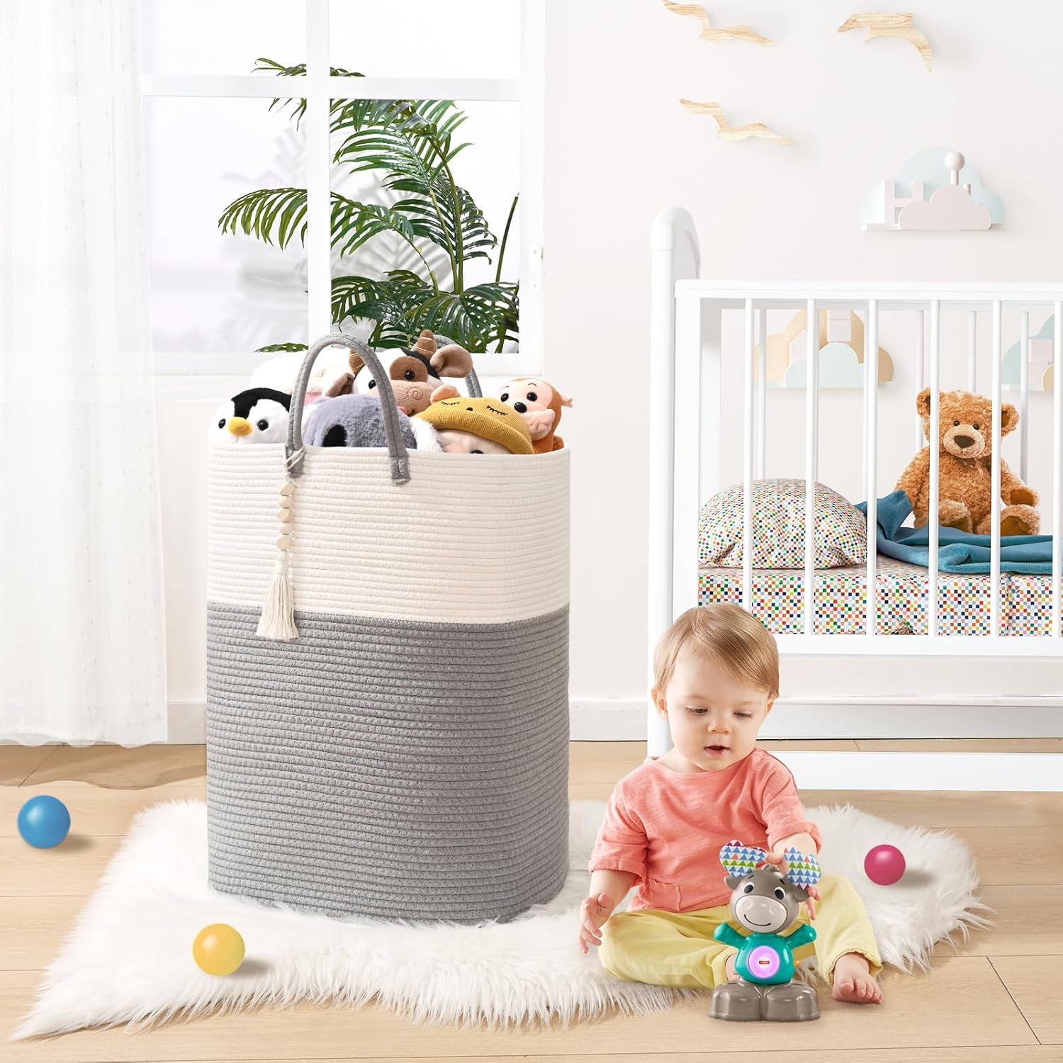 Woven Laundry Basket for Clothes, 65L Large Rectangle Laundry Hampers with Beads Tassel, Nursery