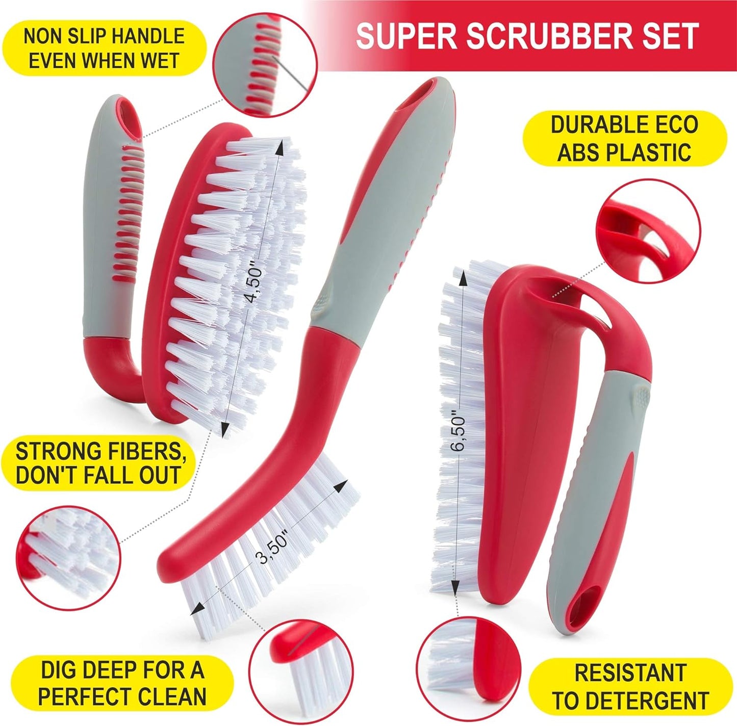 Scrub Brush Set of 6 pcs - Red or Blue Randomly Color, Cleaning Shower Scrubbers with Squeegee for