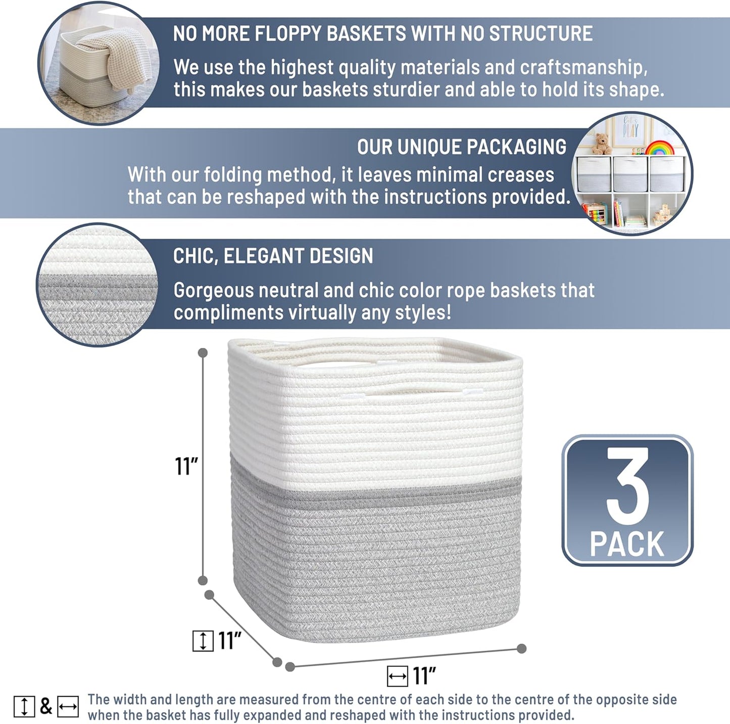 NaturalCozy Storage Cubes 11 Inch Cotton Rope Woven Baskets for Organizing, 3-Pack | Cube Storage