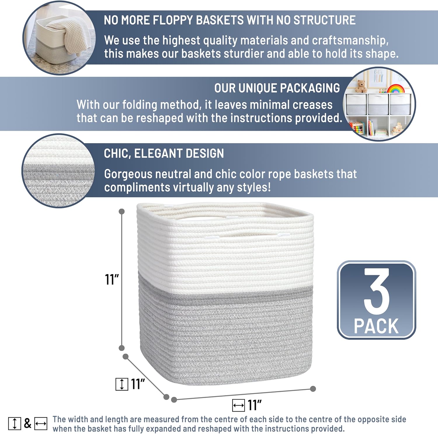 NaturalCozy Storage Cubes 11 Inch Cotton Rope Woven Baskets for Organizing, 3-Pack | Cube Storage
