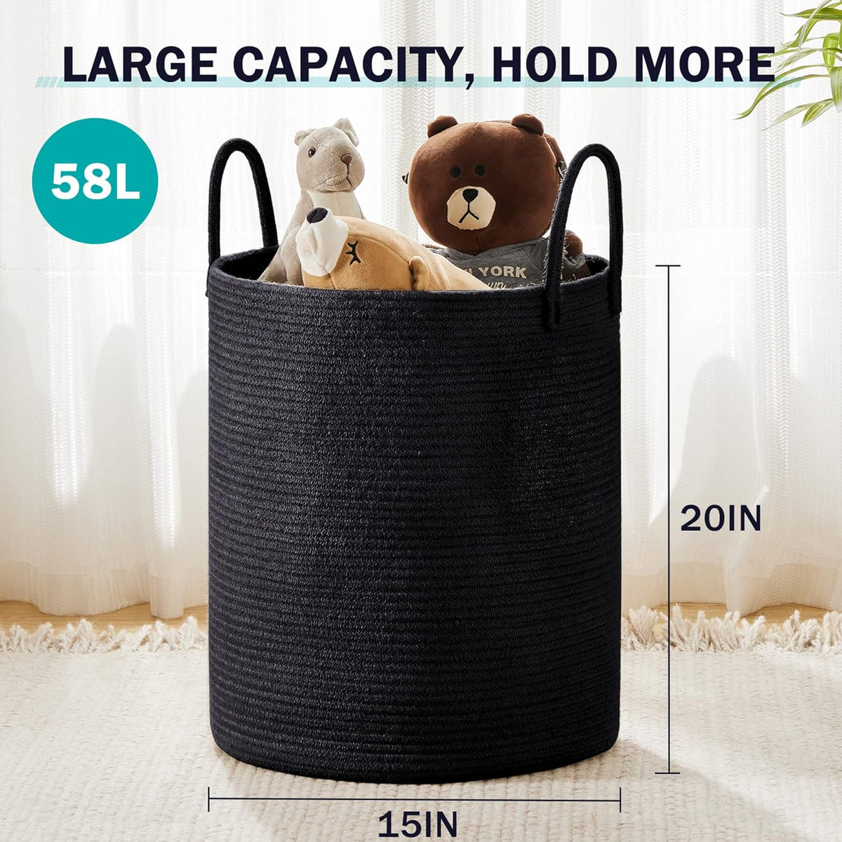 YOUDENOVA Woven Rope Laundry Hamper Basket, 58L Tall Laundry Basket, Baby Nursery Hamper for