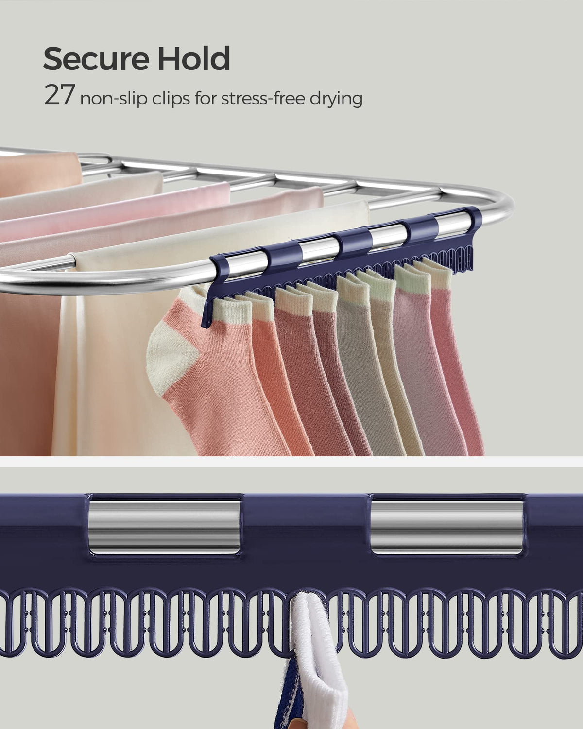 SONGMICS Clothes Drying Rack, with Sock Clips, Metal Laundry Rack, Foldable, Space-Saving