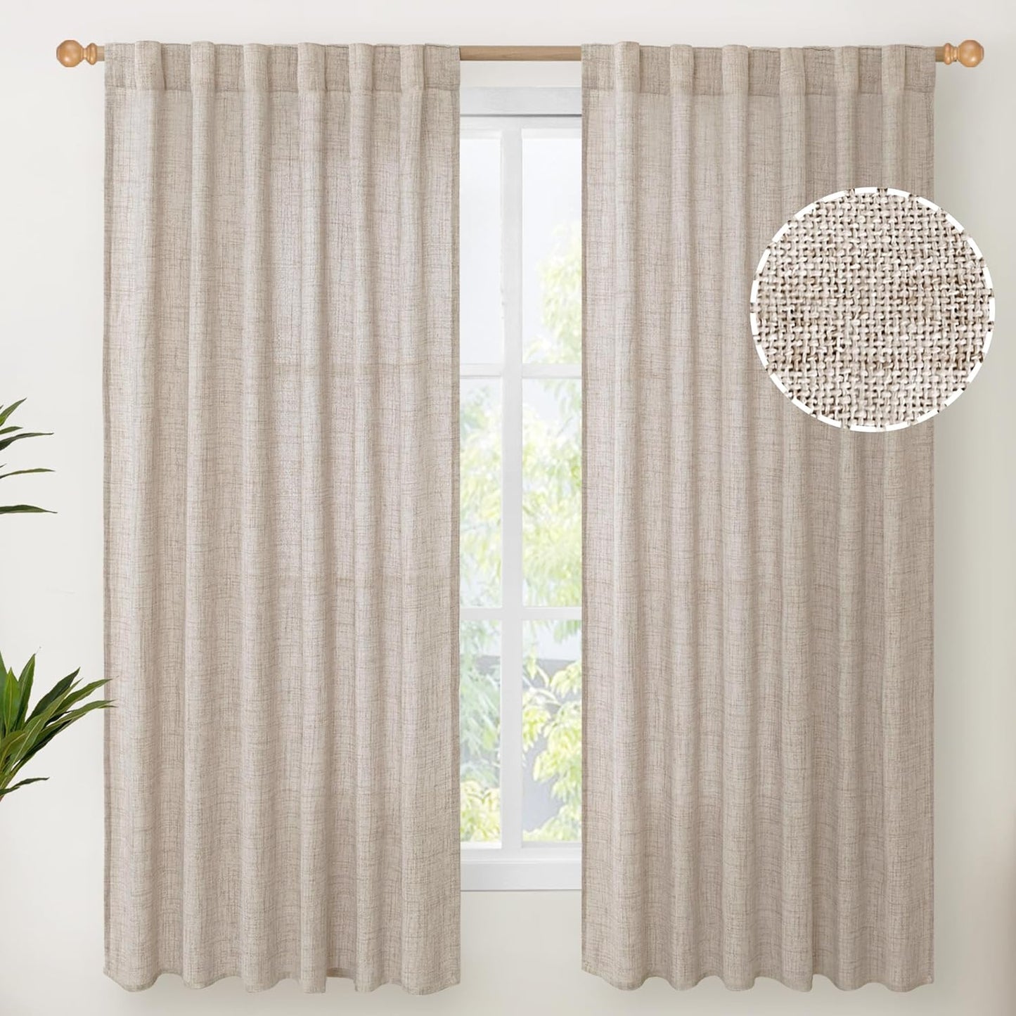 YoungsTex Beige Linen Semi Sheer Curtains 63 Inch Length for Living Room, Light Filtering Window