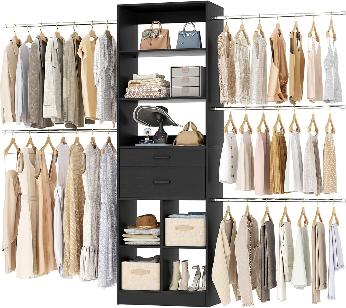 Closet System, 4-8 FT Closet Organizer Tower with 2 Wooden Drawers and Shelves, Can Fit 60 to 96