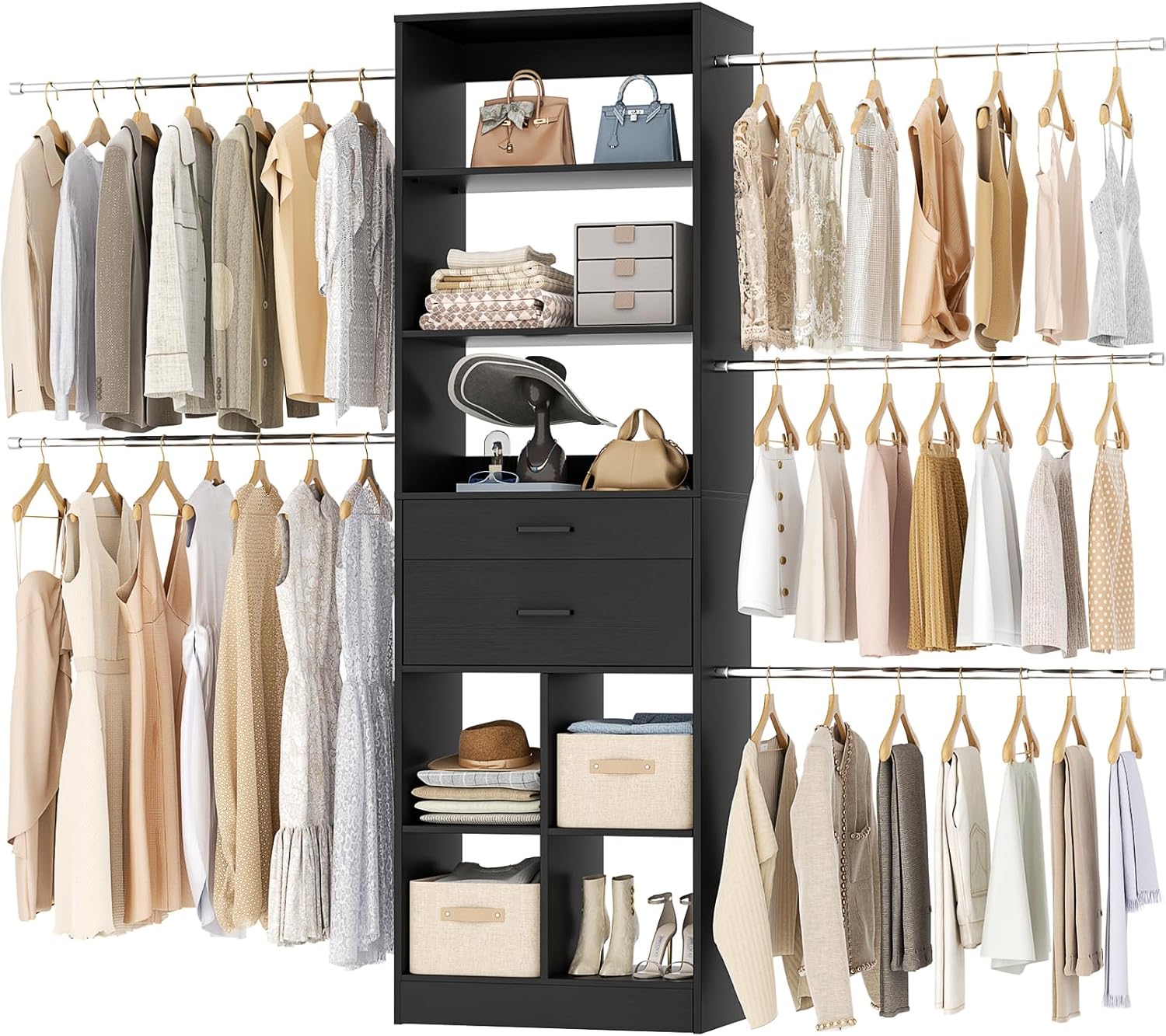 Closet System, 4-8 FT Closet Organizer Tower with 2 Wooden Drawers and Shelves, Can Fit 60 to 96
