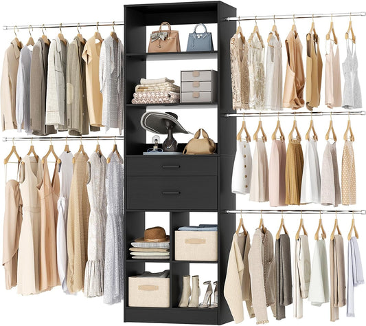 Closet System, 4-8 FT Closet Organizer Tower with 2 Wooden Drawers and Shelves, Can Fit 60 to 96