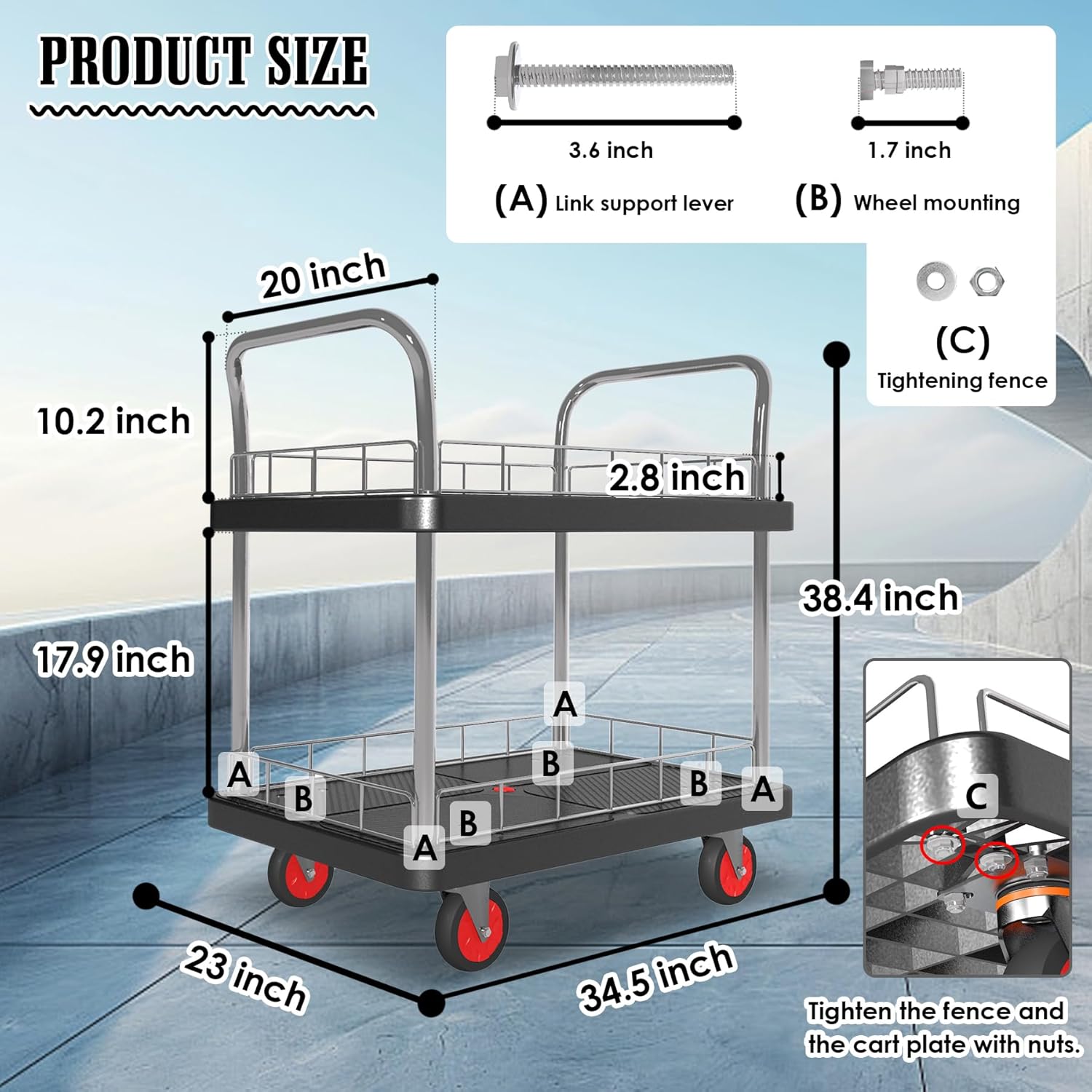2 Shelf Utility Service Cart- 660lbs Capacity Heavy-Duty Plastic Rolling Utility Carts with 4 of