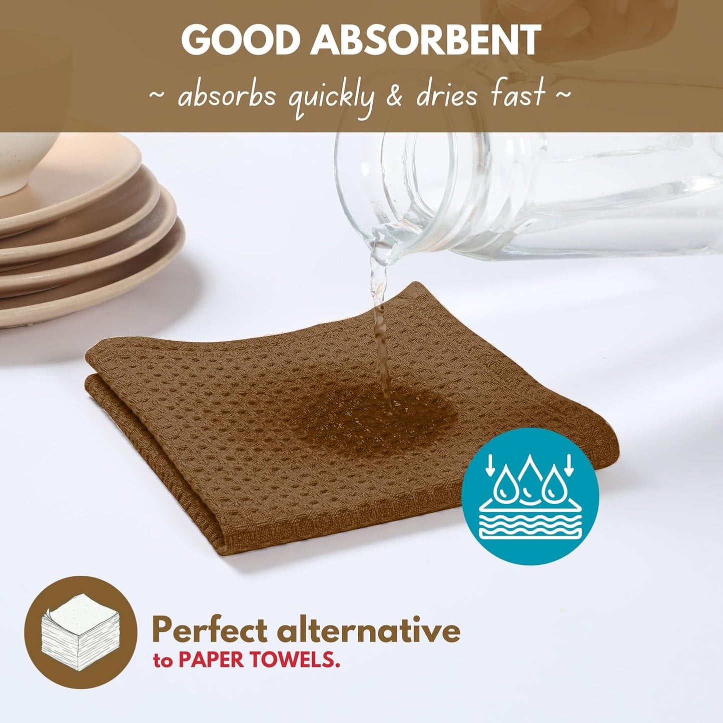 Native Fab Waffle Weave Dish Towels 12 Pack 100% Cotton, 16x26 Inches, Super Absorbent, Quick Dry