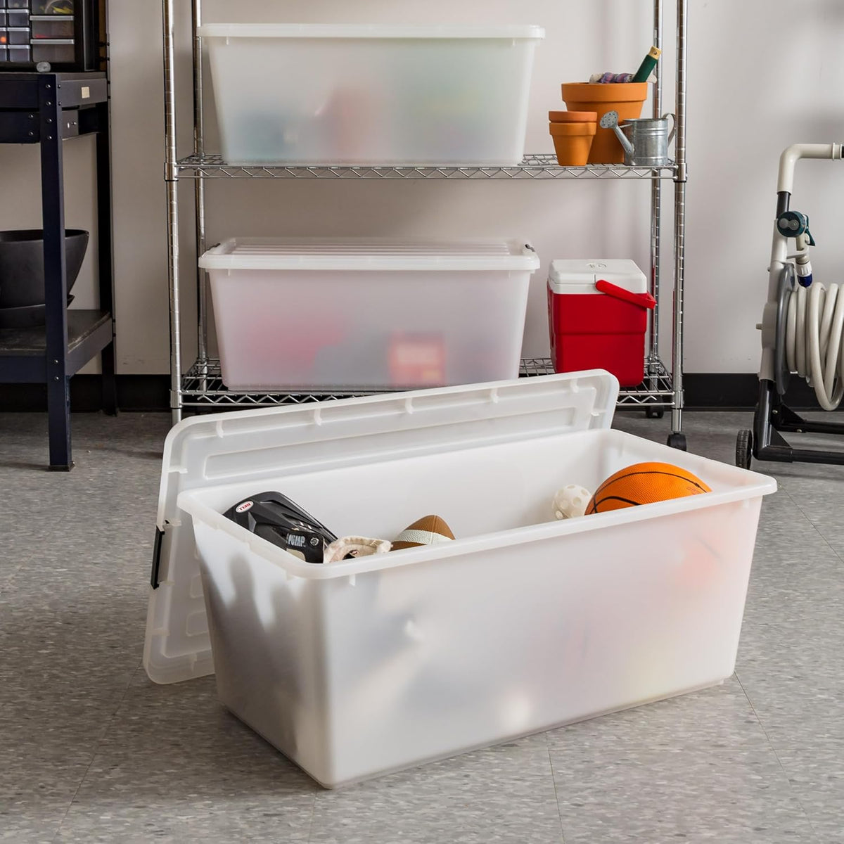 IRIS USA 91 Qt Stackable Plastic Storage Bins with Lids, 4 Pack - BPA-Free, Discreet Organizing