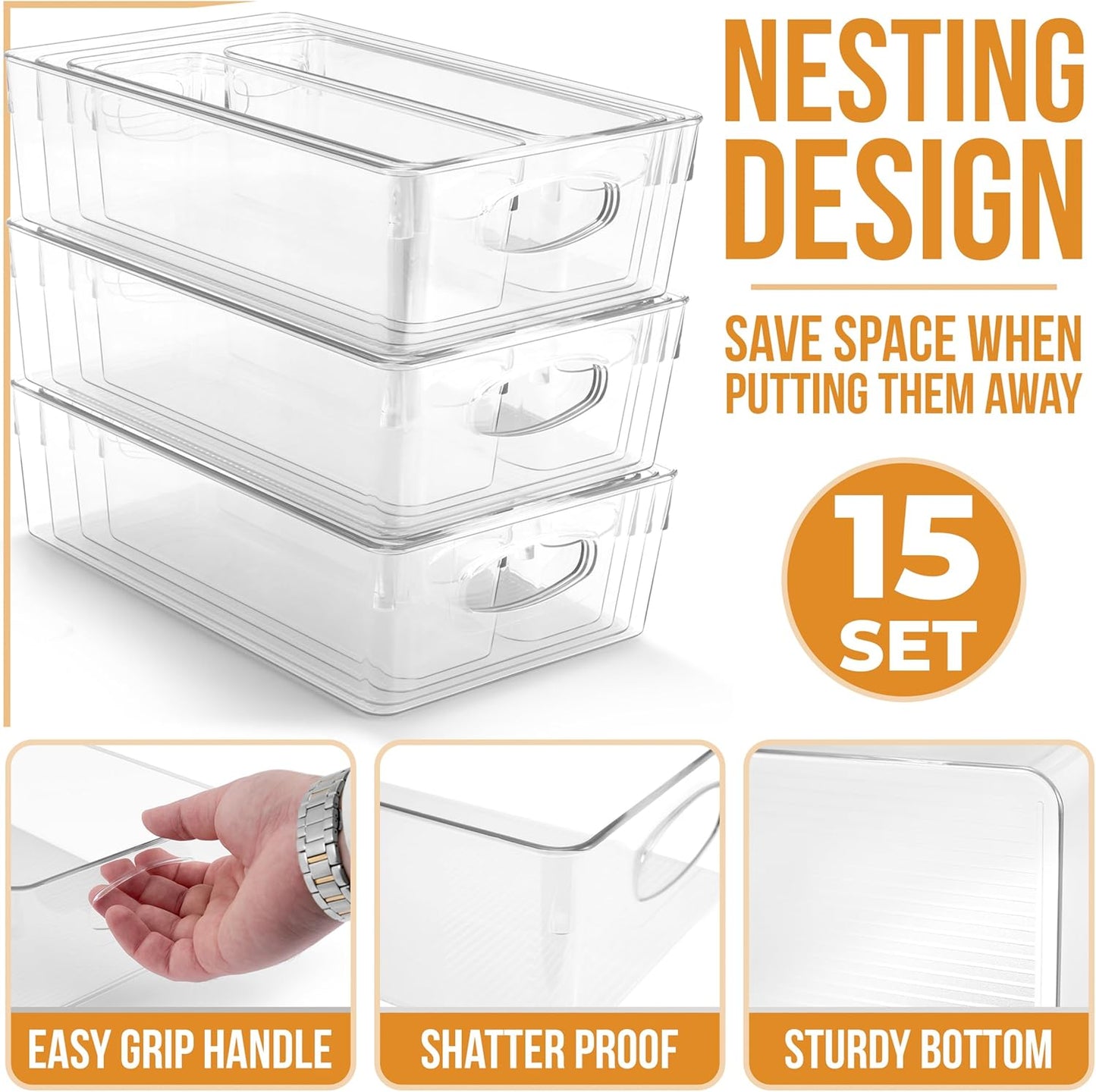 Sorbus Clear Plastic Storage Bins for Organizing, 15 Pack Clear Organizer Bins with Handles
