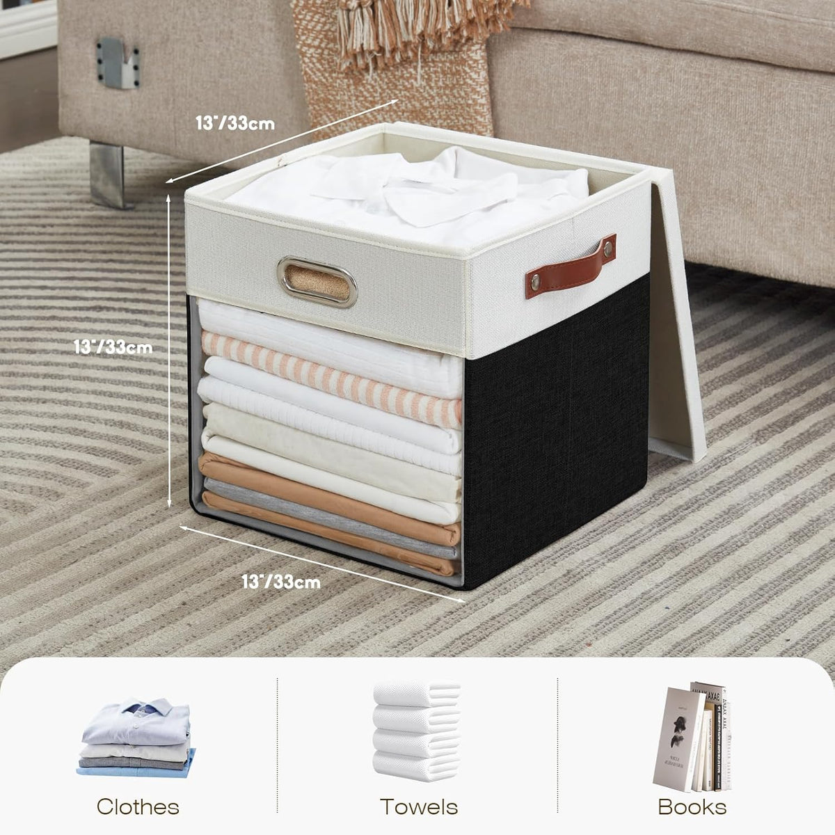 Fabric Storage Cubes with Clear Windows and Lids, 13'' Foldable Storage Bins with 3 Handles
