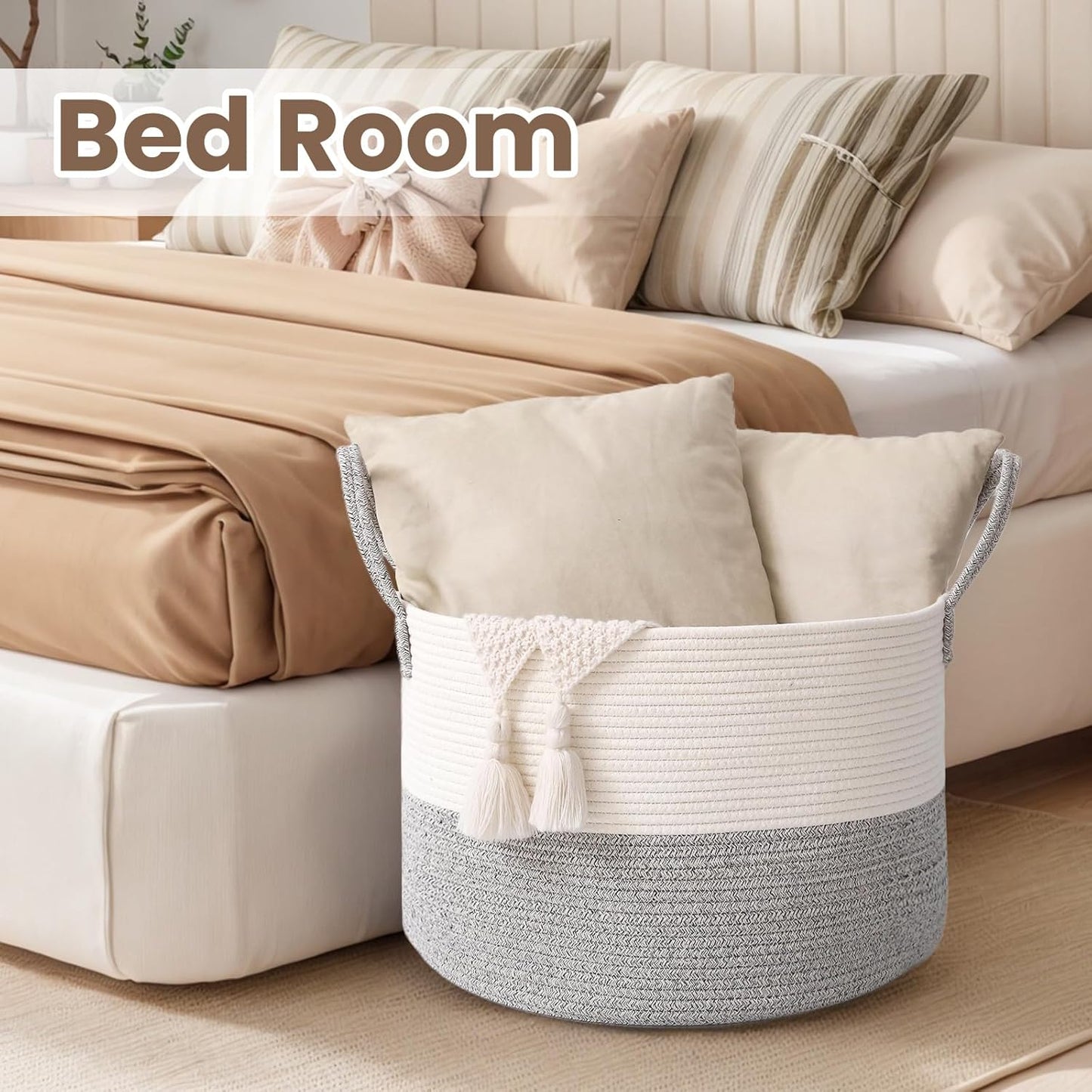 Woven Blanket Basket,115L Large Rope Storage Bin with Handles, Organizer for Blankets Toys Book and