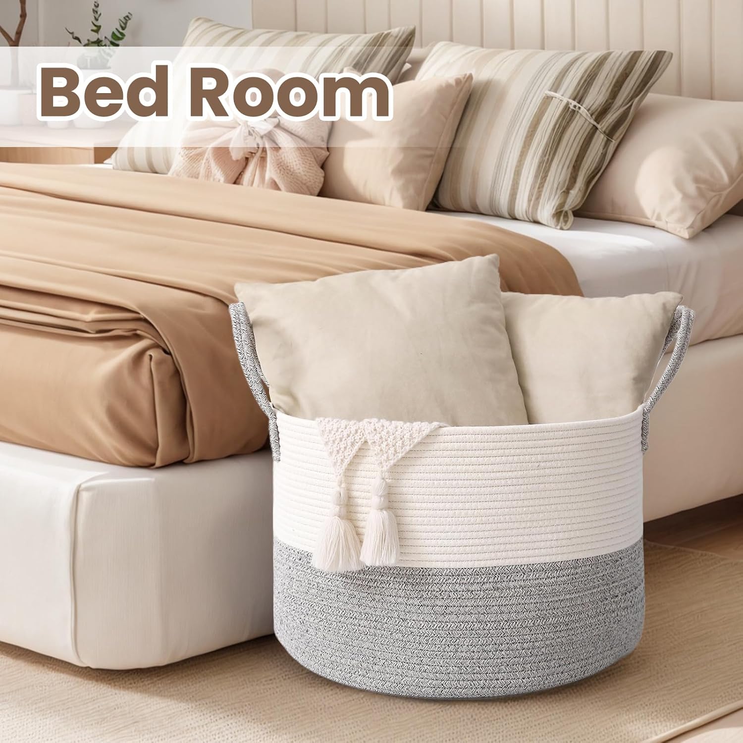 Woven Blanket Basket,115L Large Rope Storage Bin with Handles, Organizer for Blankets Toys Book and