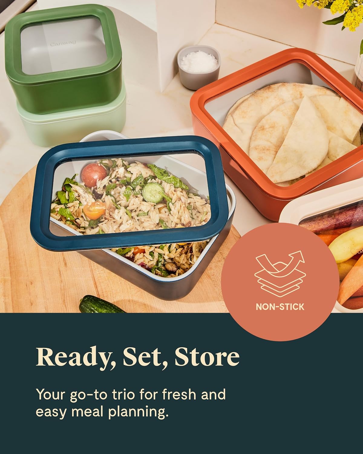 Caraway 3pc Glass Food Storage Set - 10, 6.6, & 4.4 Cup Containers - Ceramic Coated - Non-Toxic