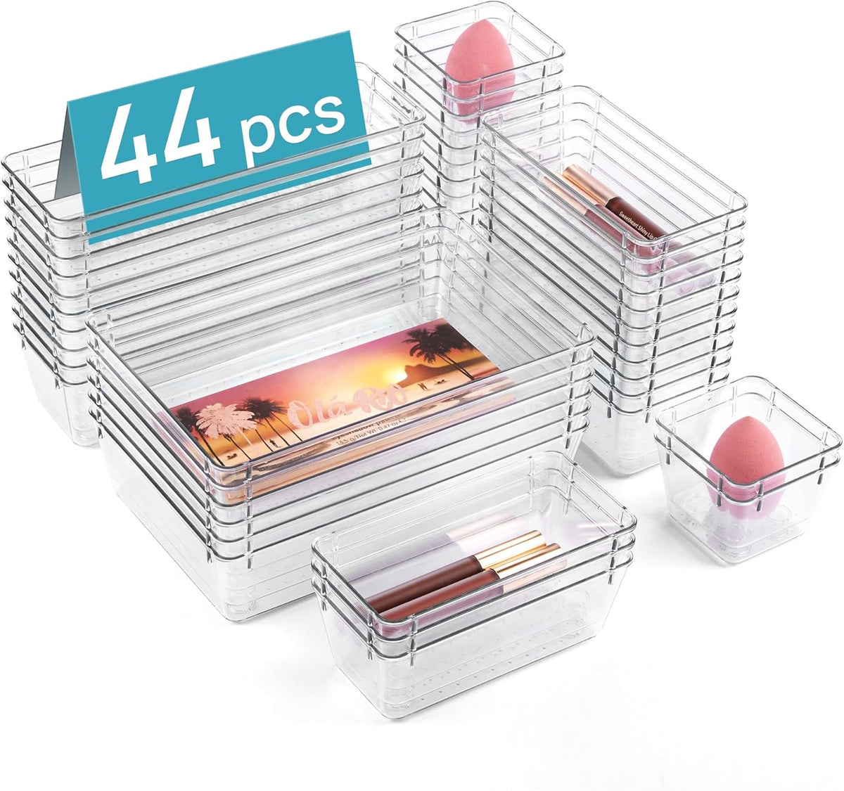 Vtopmart 44 PCS Clear Plastic Drawer Organizers Set, 4-Size Versatile Bathroom and Vanity Organizer