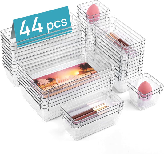 Vtopmart 44 PCS Clear Plastic Drawer Organizers Set, 4-Size Versatile Bathroom and Vanity Organizer