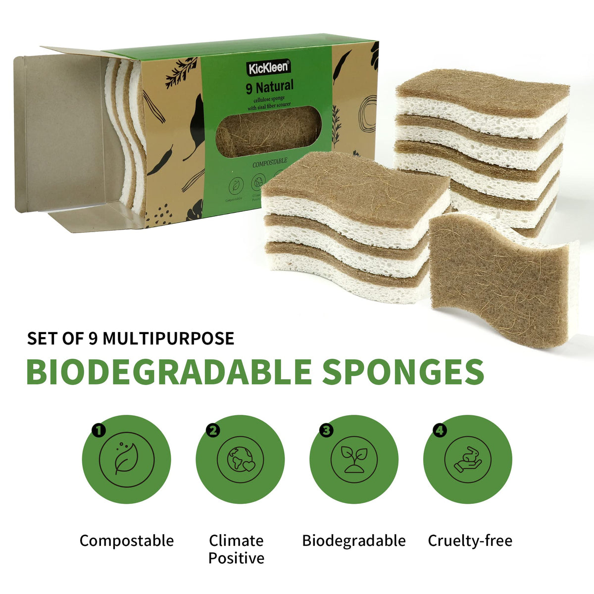 KICKLEEN 9 Pack Biodegradable Natural Kitchen Sponge Dish Sponges