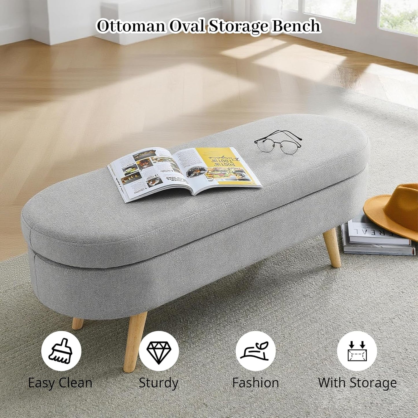 Storage Bench, 43" Storage Ottoman Bench for Bedroom, Upholstered Entryway Benches with Seating