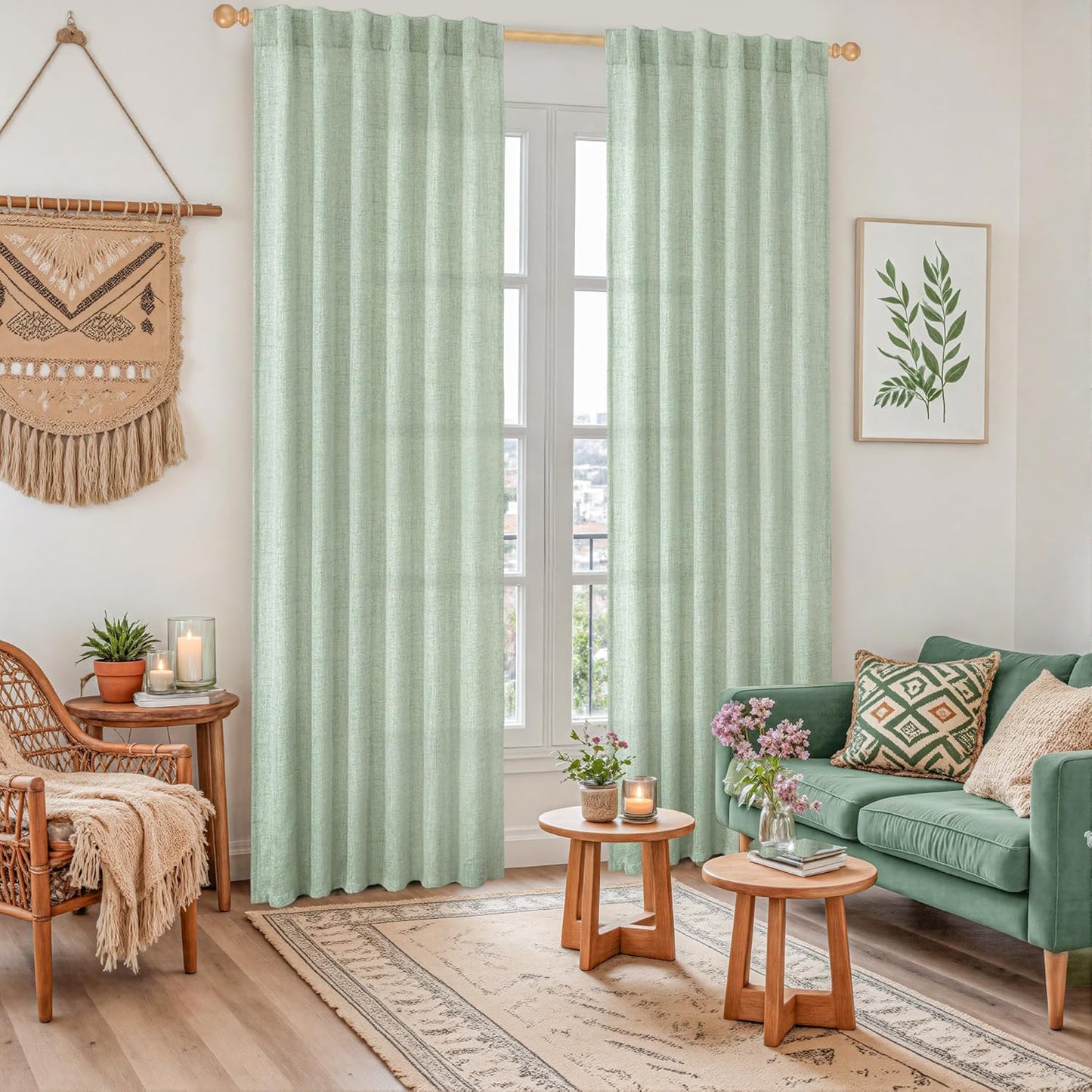 YoungsTex Light Green Linen Semi Sheer Curtains 84 Inch Length 2 Panels for Living Room, Sage Boho
