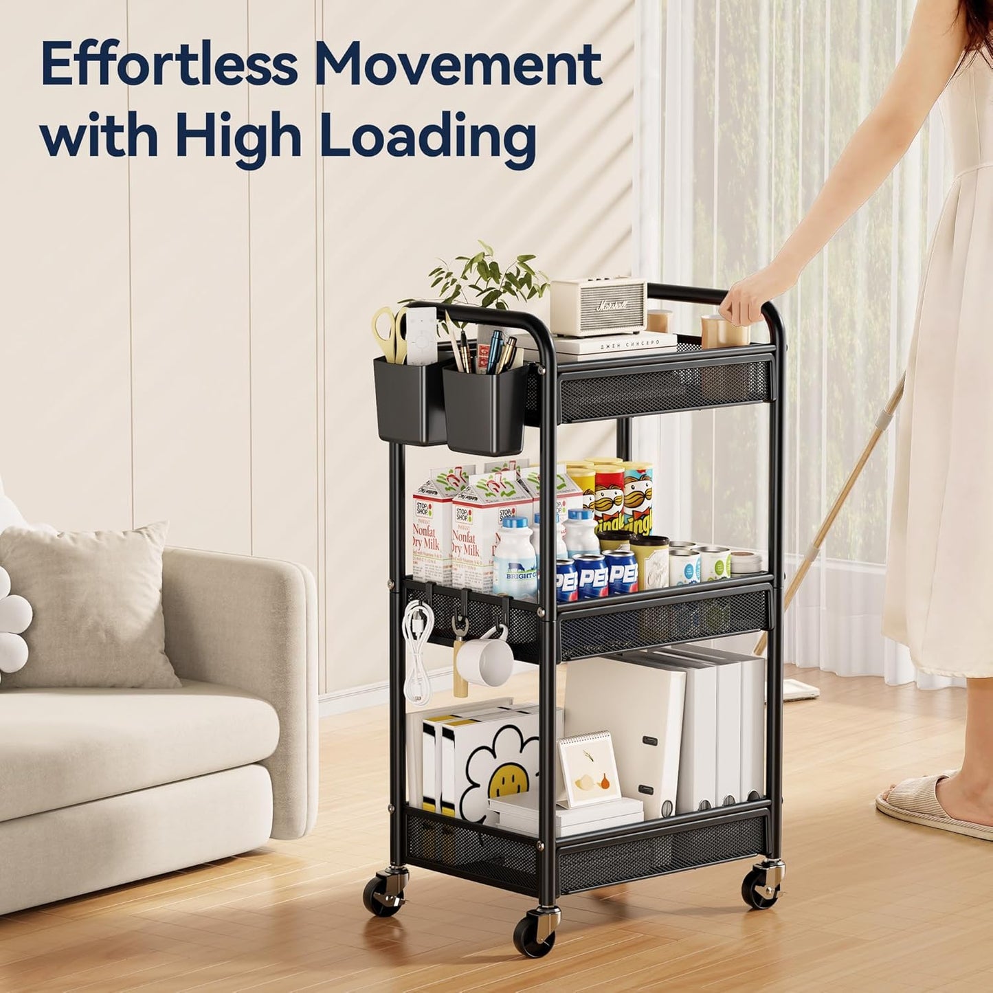 YASONIC 3 Tier Rolling Cart – Metal Utility Storage Cart with Wheels, Craft Cart Organizer with