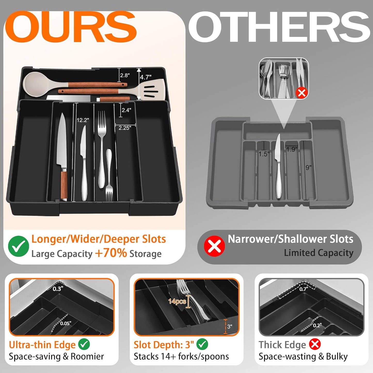 Expandable Large Silverware Organizer - BPA-Free Food-Safe Utensil Drawer Organizer Adjustable